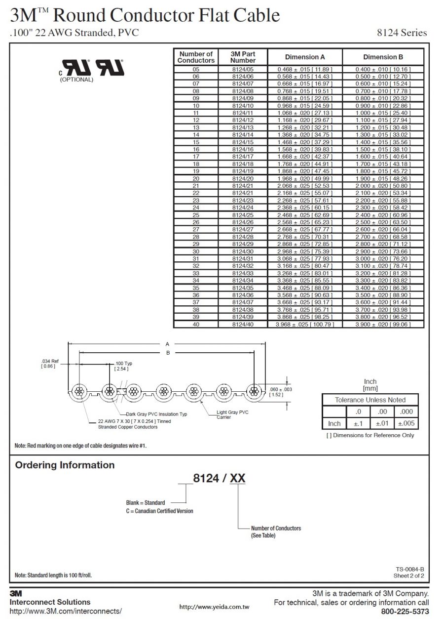 3M™ 8124 Series Round Conductor Flat Cable, .100" UL/20462 300V 105°C 22 AWG Stranded (5C to 40C), PVC, Power Cable 電力電源用排線