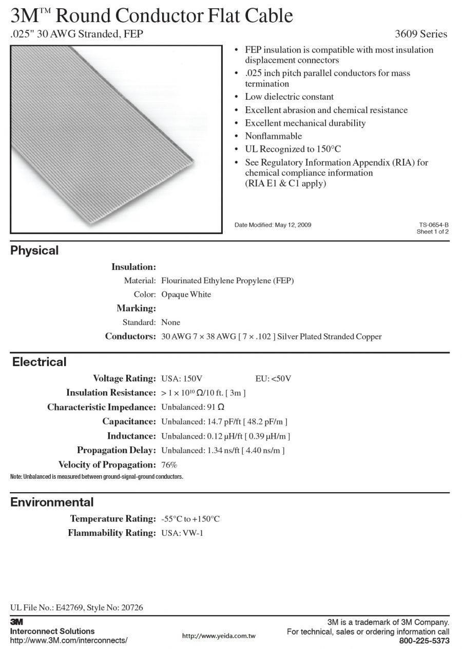 3M™ Round Conductor Flat Cable, 3609 Series .025" 30 AWG Stranded (20C to 100C), FEP -55°C to +200°C 耐高溫鐵氟龍絕緣排線