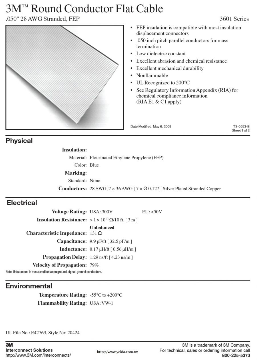 3M™ Round Conductor Flat Cable, 3601 Series .050" 28 AWG Stranded (10C to 60C), FEP -55°C to +200°C 耐高溫鐵氟龍絕緣排線