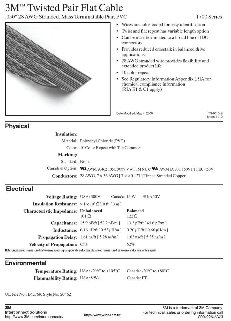 3M™1700 Series Twisted Pair Flat Cable, .050