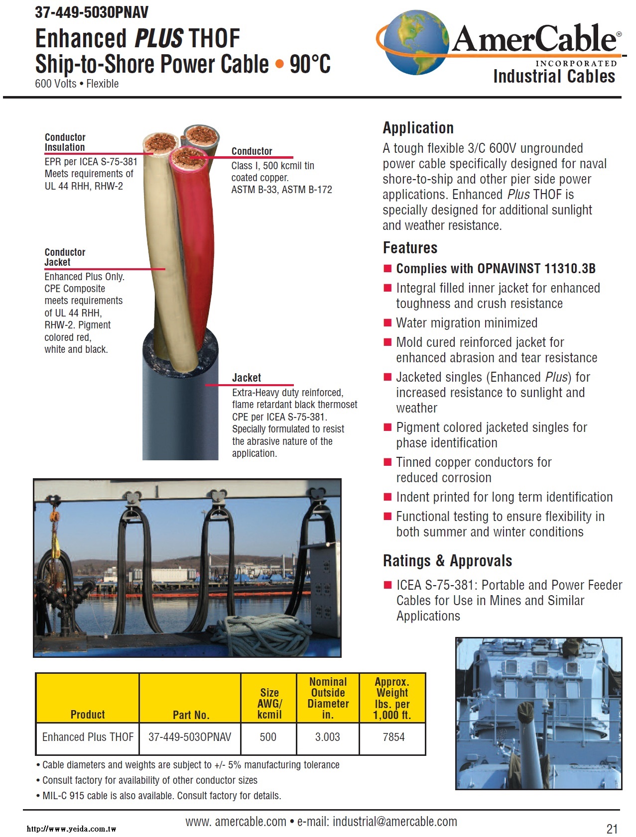 Amer-37-449-5030PNAV Enhanced PLUS THOF Ship-to-Shore Power Cable • 90°C 600 Volts • Flexible 柔性船舶連接陸地電線