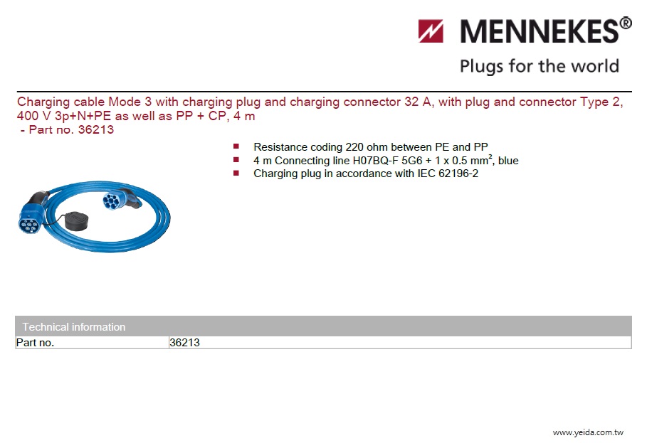 MENNEKES-36213, Charging systems Charging cable  電動車充電系統充電器電線組產品圖