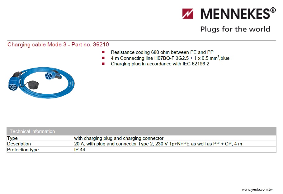 MENNEKES-36210, Charging cable Mode 3  電動車充電系統充電器電線組產品圖