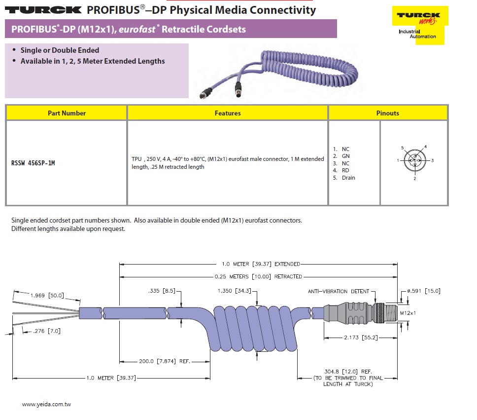 Turck-RSSW456SP-1M, PROFIBUS®-DP, (M12x1) eurofast® Retractile Cordsets 工業自動化Profibus現場總線伸縮電線束組產品圖