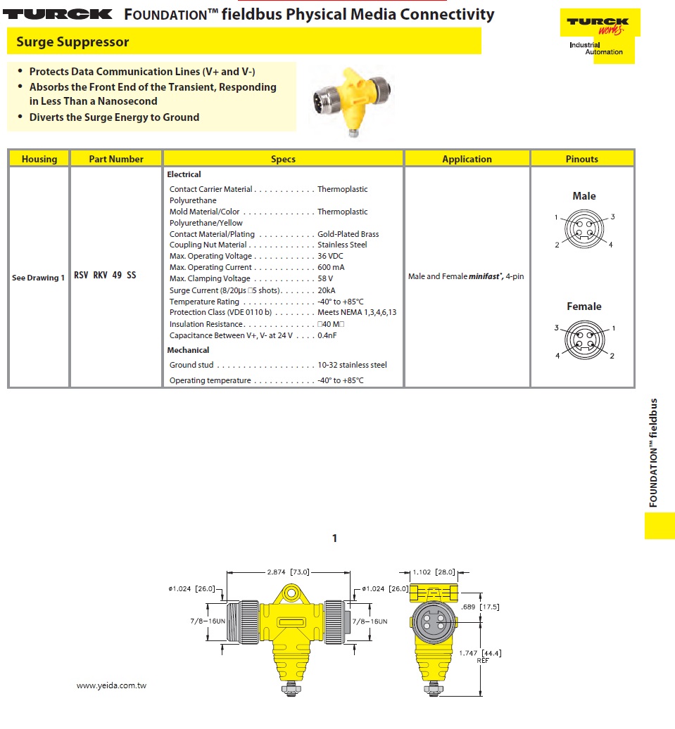 Turck-RSV RKV 49 SS FOUNDATION™ Fieldbus Physical Media Connectivity Surge Suppressor 工業自動化監控制現場總線連接電腦用浪湧抑制器(避雷器)