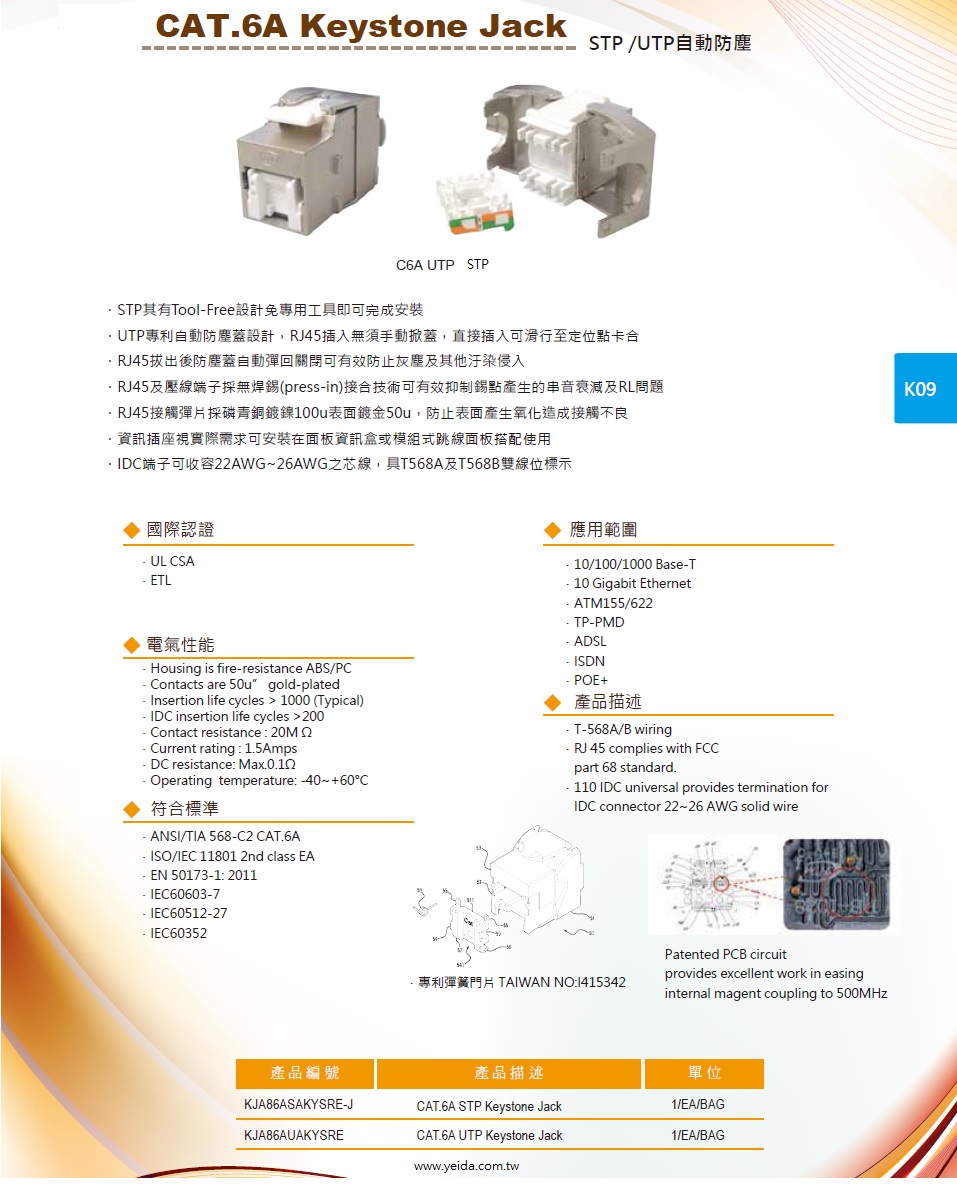 CAT.6A Keystone Jack, STP /UTP自動防塵, Tool-Free設計免專用工具, 有(無)隔離資訊插座產品圖