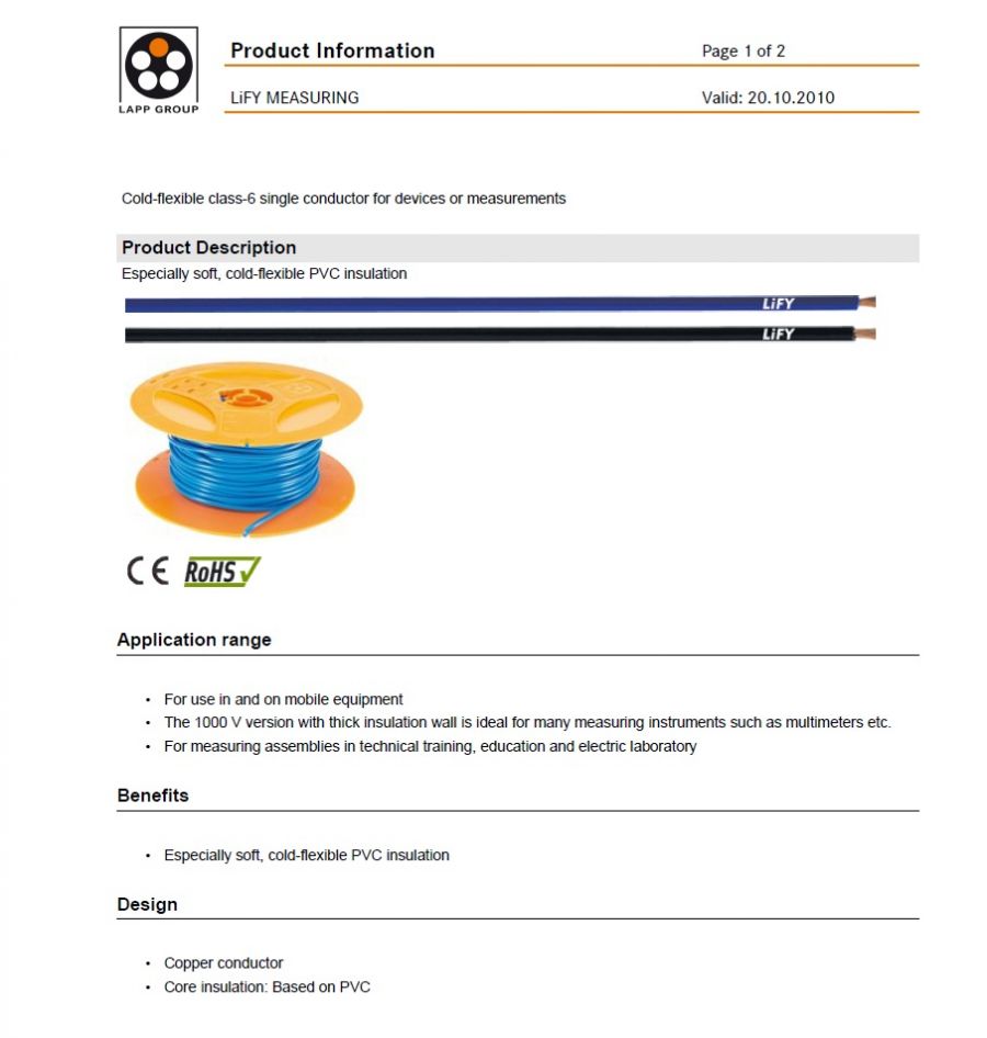 LAPP- ÖLFLEX® LiFY MEASURING  工業級(超柔移動式)單芯連接線 Cold-flexible class-6 single conductor for devices or measurements產品圖