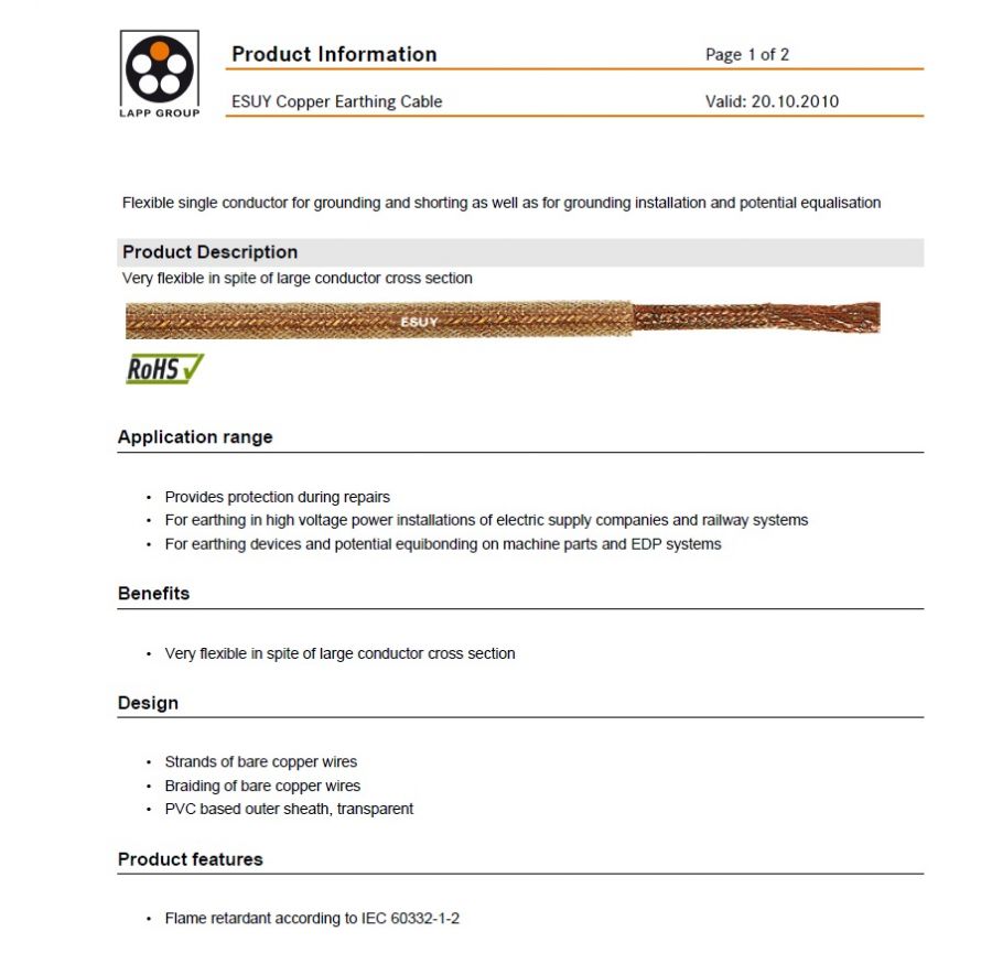 LAPP- ÖLFLEX® ESUY Copper Earthing Cable 工業級(超柔移動式)單芯接地線 Flexible single conductor for grounding and shorting as well as for grounding installation and potential equalisation產品圖