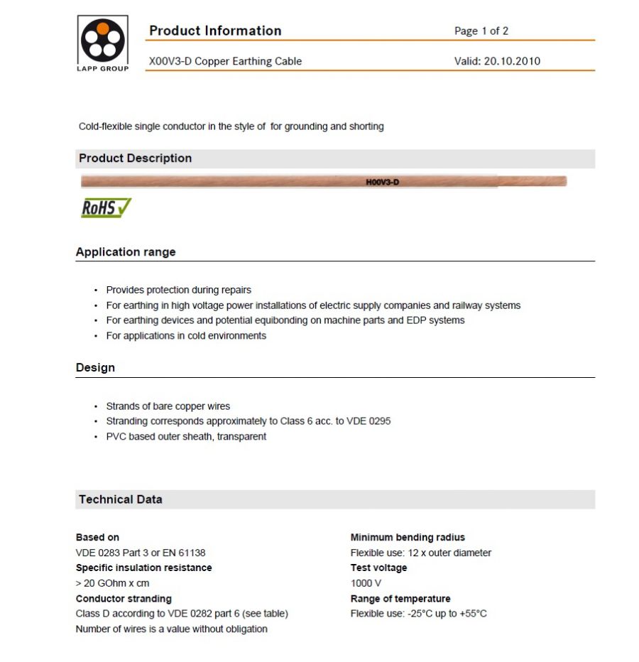 LAPP- ÖLFLEX® X00V3-D Copper Earthing Cable 工業級(超柔移動式)單芯接地線 Cold-flexible single conductor in the style of <har> for grounding and shorting</har>產品圖