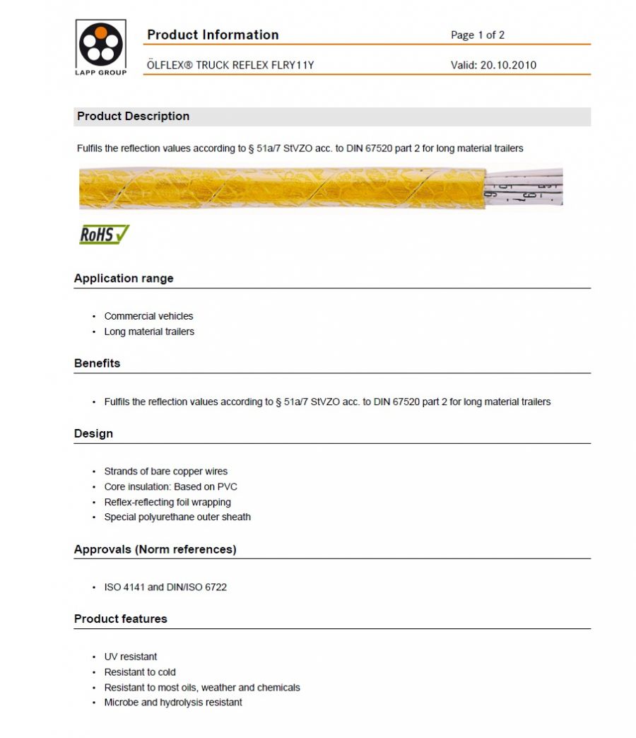 LAPP- ÖLFLEX® TRUCK REFLEX FLRY11Y  車輛等使用電線Fulfils the reflection values according to § 51a/7 StVZO acc. to DIN 67520 part 2 for long material trailers產品圖