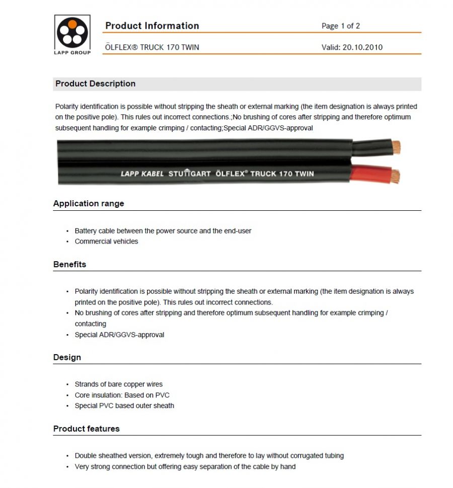 LAPP- ÖLFLEX® TRUCK 170 TWIN 車輛等使用電線Battery cable between the power source and the end-user