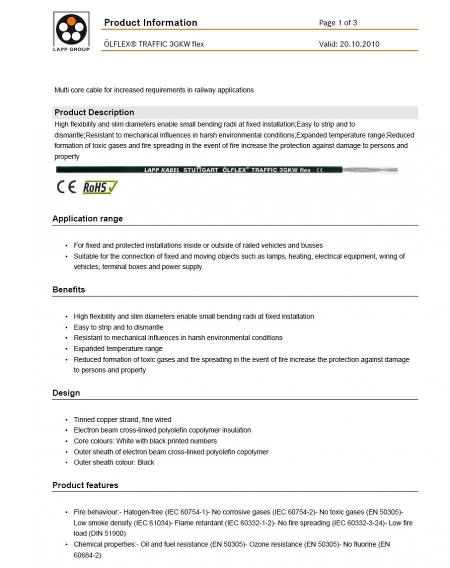 LAPP- ÖLFLEX® TRAFFIC 3GKW 工業級(鐵路系統)單芯超柔移動式連接線 Single core cable for increased requirements in railway applications