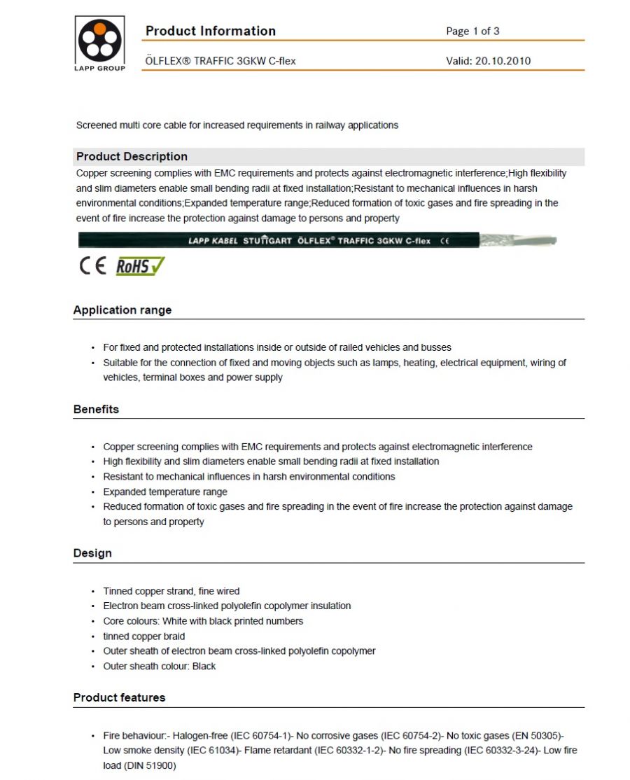 LAPP OLFLEX® TRAFFIC 3GKW C-flex 工業級(鐵路系統)超柔移動式銅網隔離連接線 Screened multi core cable for increased requirements in railway applications產品圖