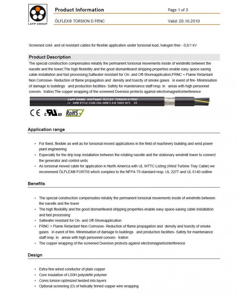 LAPP- ÖLFLEX®  TORSION D FRNC工業級(超柔耐扭曲移動式適風力發電機組)銅網隔離連接線 Screened cold- and oil resistant cables for flexible application under torsional load, halogen free - 0,6/1 kV