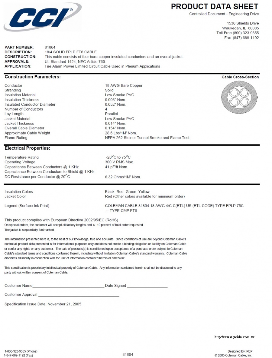 CCI 81804  Fire Alarm 18/4 SOLID BC FPLP Cables – Unshielded – Plenum Type FPLP Awg18 x 4C 低煙型火災警報訊號傳輸線產品圖