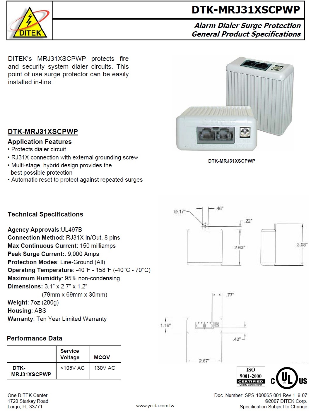 Ditek, DTK-MRJ31XSCPWP Alarm Dialer Surge Protection 報警撥號器浪湧保護