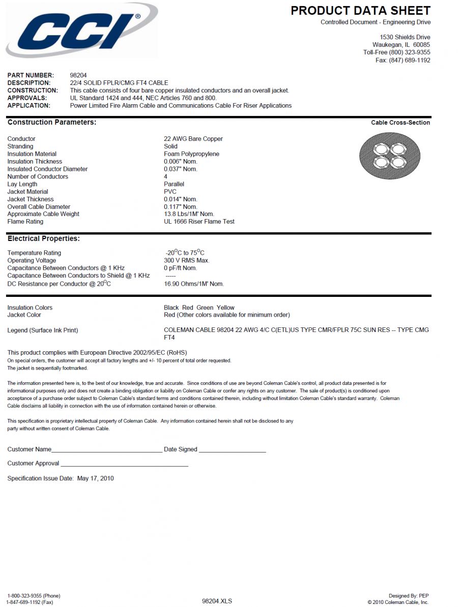 CCI-98204  Fire Alarm  FPLR / cUL Type CMG/FT4– Unshielded—Riser  Awg22 x 4C 室內外型火災警報訊號傳輸線產品圖