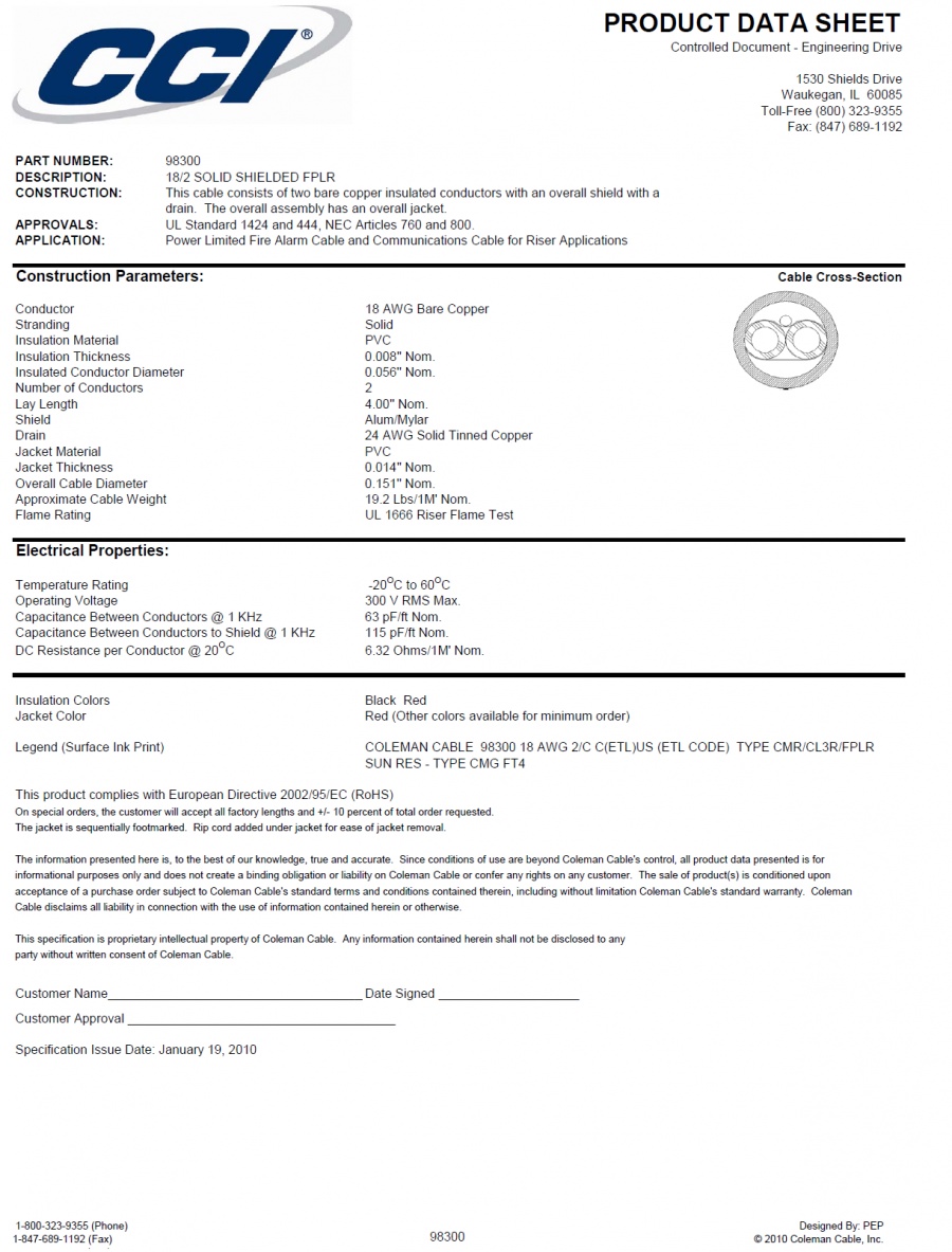 CCI-98300 18/2 SOLID UL FPLR/CMG FT4 Fire Alarm CABLE –Overall Shield—Riser Awg18 x 2C 火災警報鋁箔總隔離訊號傳輸線產品圖