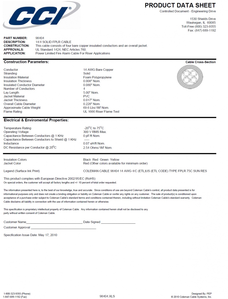 CCI-98404  14/4 SOLID FPLR/CMG FT4 Fire Alarm CABLE – Unshielded—Riser  Awg14 x 4C 火災警報訊號傳輸線產品圖