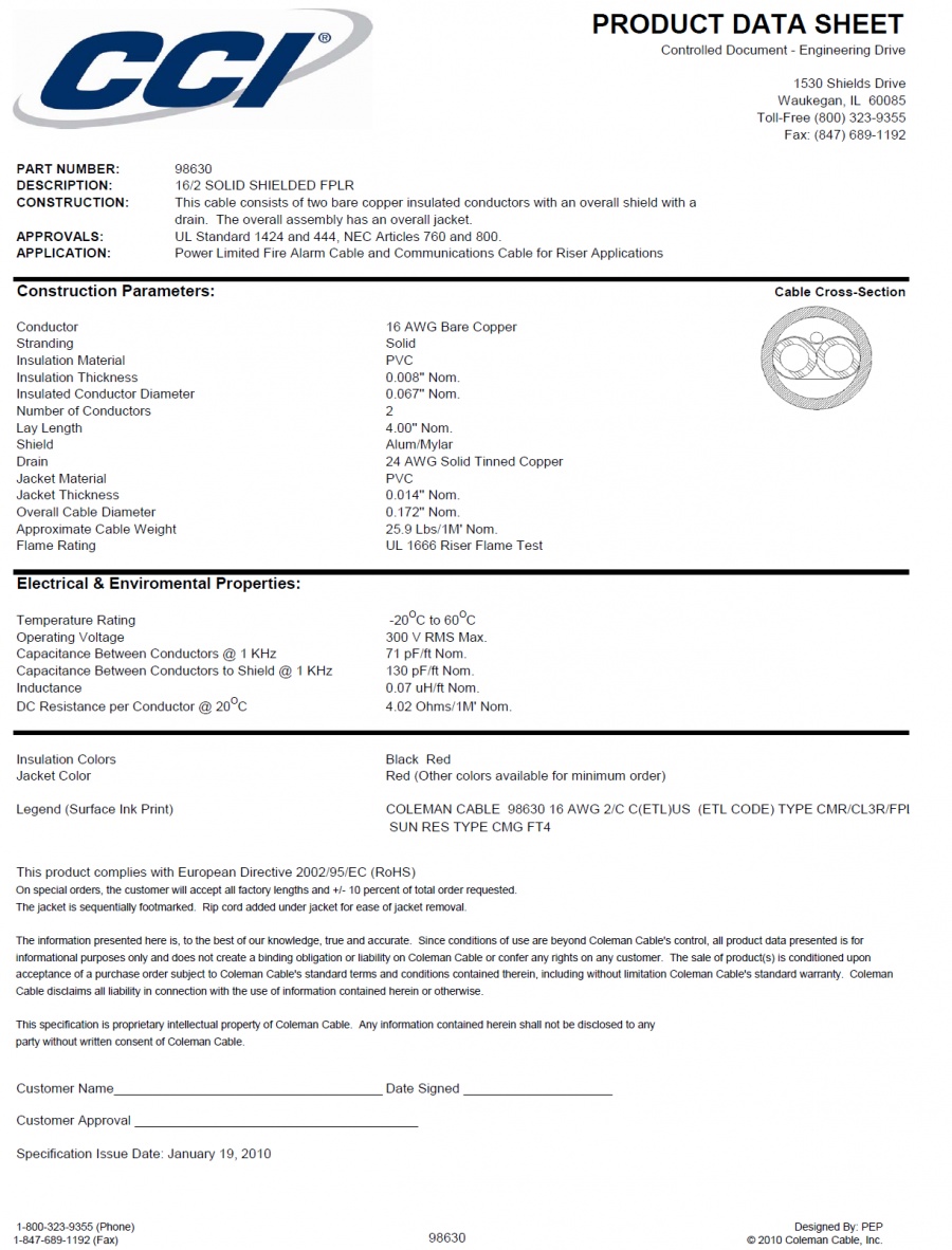 CCI 98630 16/2 SOLID BC  UL FPLR/CMG FT4 Fire Alarm CABLE –Overall Shield—Riser Awg16 x 2C 室外型火災警報鋁箔總隔離訊號傳輸線產品圖