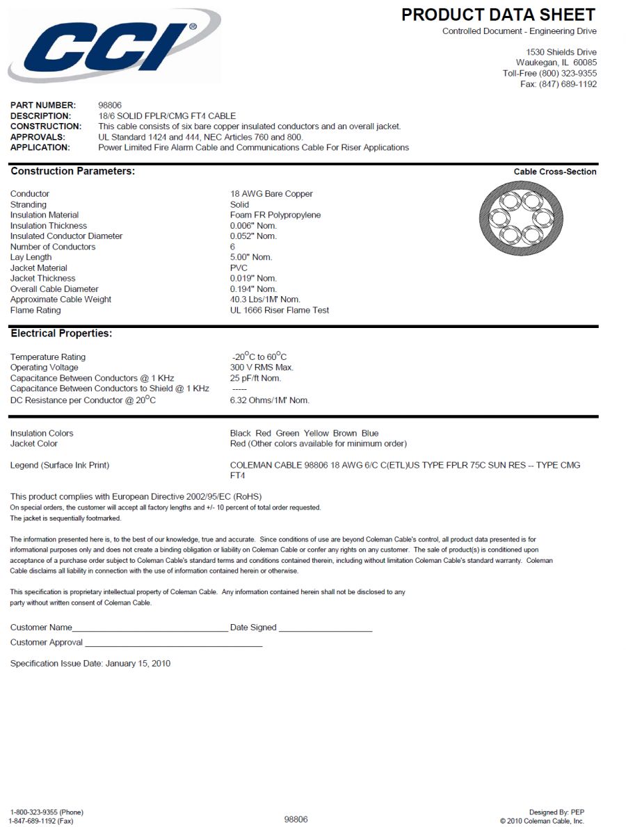 CCI-98806  18/6 SOLID FPLR/CMG FT4 Fire Alarm CABLE – Unshielded—Riser  Awg18 x 6C 火災警報訊號傳輸線產品圖
