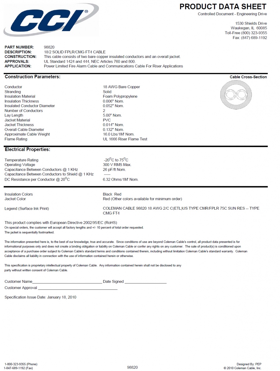 CCI-98820 18/2 SOLID FPLR/CMG FT4 CABLE – Unshielded—Riser  Awg18 x 2C 室外型火災警報訊號傳輸線產品圖