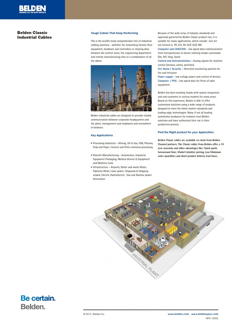 Belden  Industrial Cables RS 232, RS 422/ 423/ 485/POS/Profibus. DP, PA/PLC/ControlNet/DeviceNet經典的儀表電腦工業自動化控制用電纜線產品圖