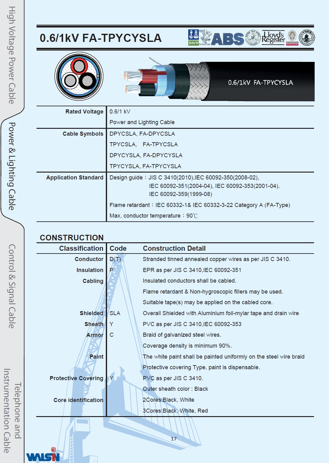 Power and Lighting Cable 0.6/1kV FA-TPYCYSLA 船舶電源及照明電纜