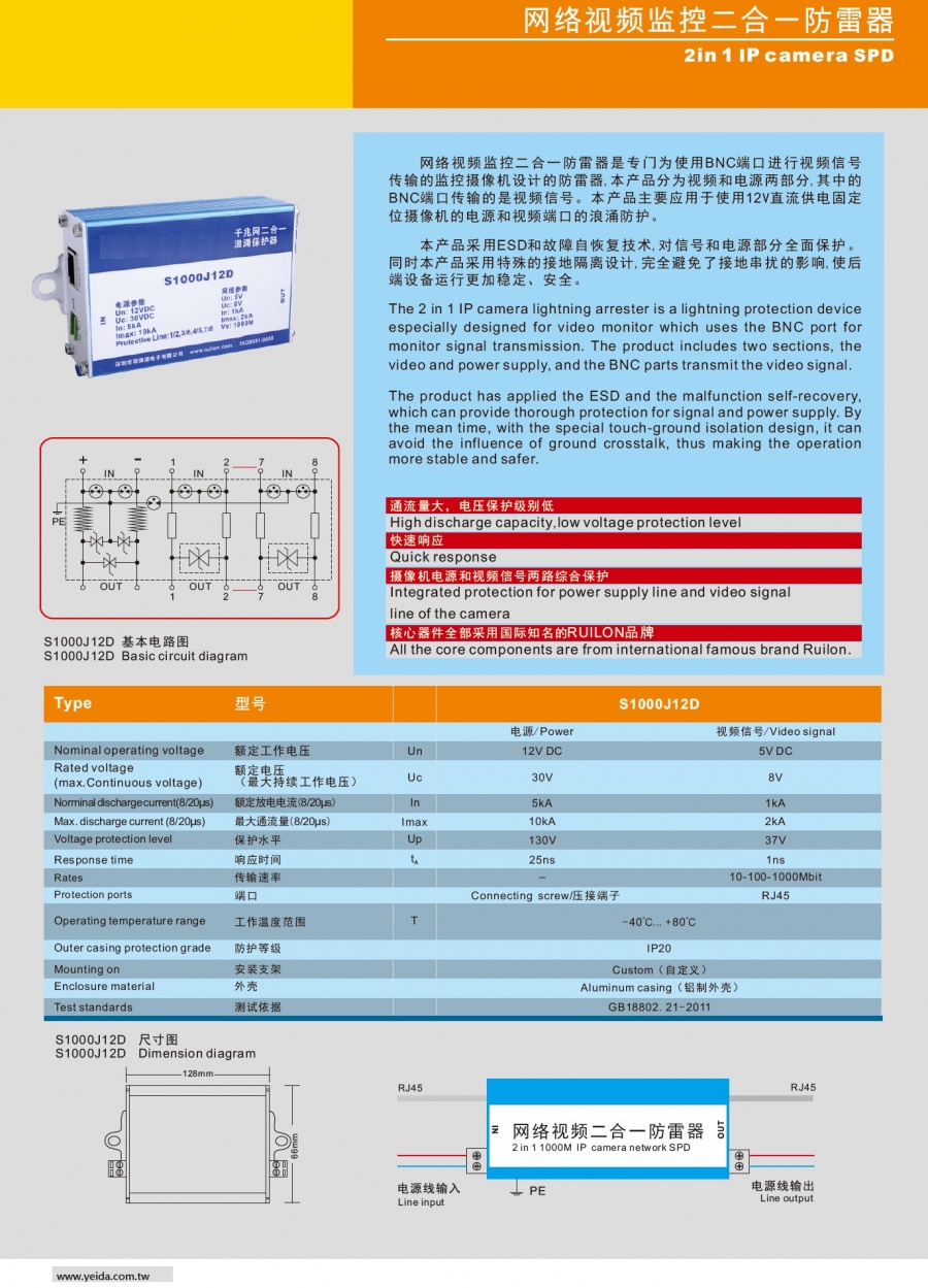 S1000J12D 2in 1 IP camera SPD 外置式網路视频监控二合一防雷器產品圖