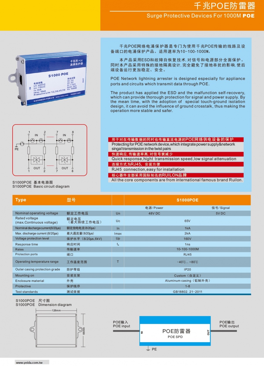 S1000POE Surge Protective Devices For 1000M POE 外置式千兆POE防雷器