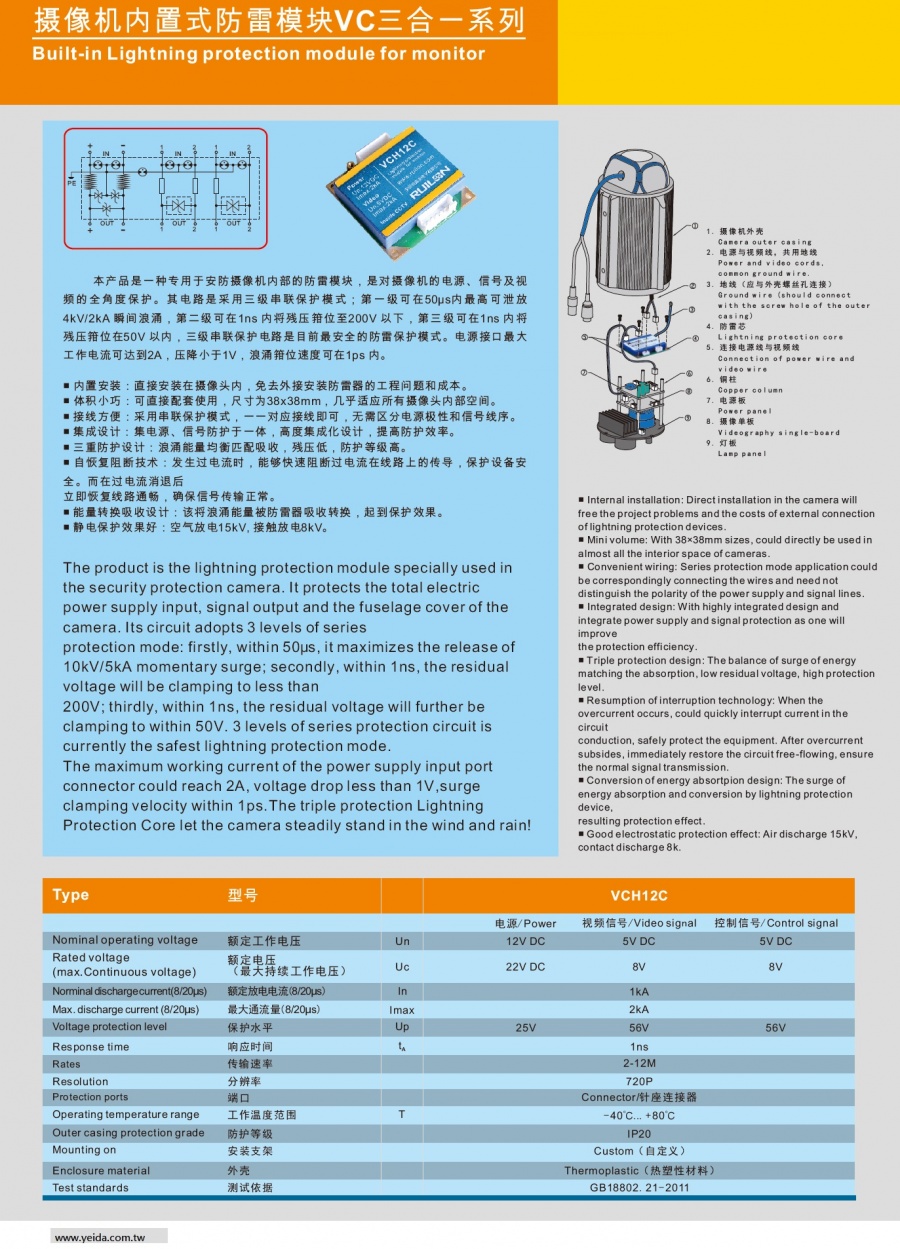 VCH12C Built-in Lightning protection module for monitor 攝影機内置式防雷模塊VC三合一系列產品圖