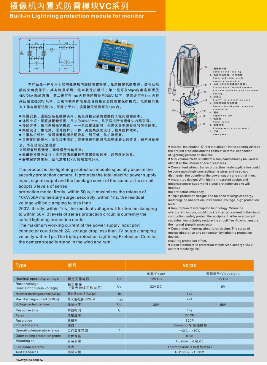 VC12C Built-in Lightning protection module for monitor 攝影機内置式防雷模塊VC系列產品圖