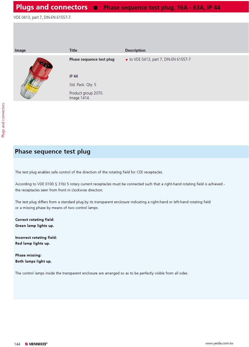 MENNKENS, Plugs and connectors, Phase sequence test plug, 16A - 63A, IP 44, VDE 0413, part 7, DIN-EN 61557-7, 曼奈柯斯, 歐規工業用相序檢測插頭產品圖