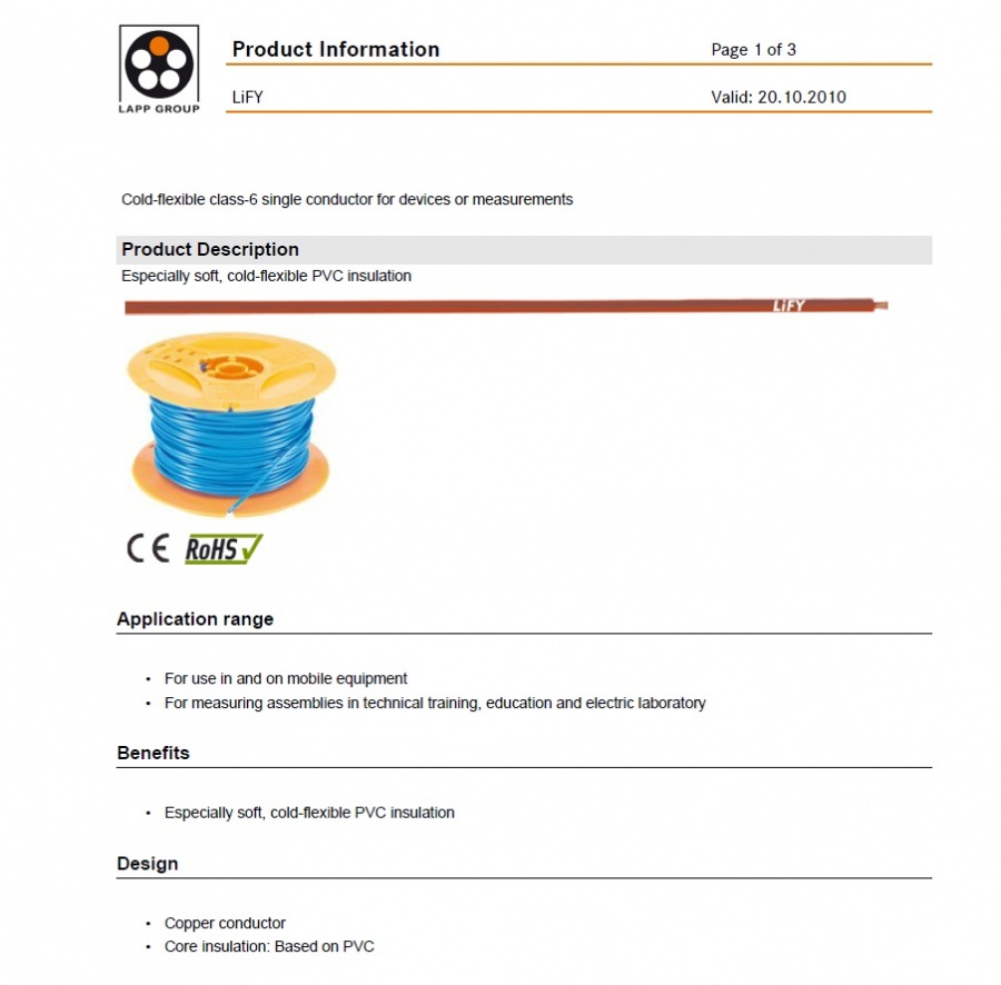 LAPP  OLFLEX® LIFY 工業級(超柔移動式)單芯連接線Cold-flexible class-6 single conductor for devices or measurements