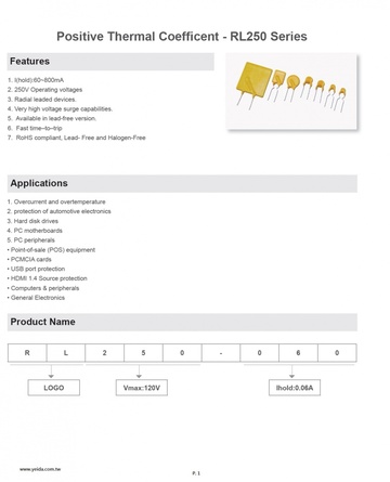 RL250 Resettable Fuses-PPTC Positive Thermal Coefficent - RL250 Series 自恢復保險絲