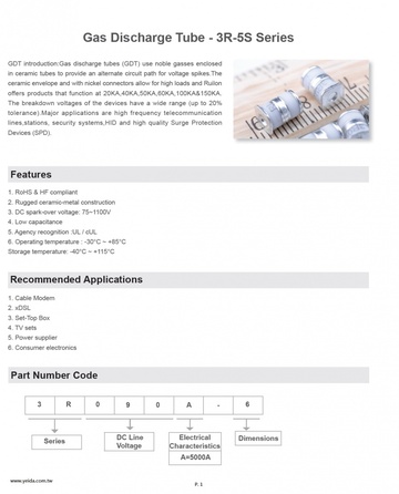 Gas Discharge Tubes - 3R-5S Series 陶瓷氣體放電管產品圖