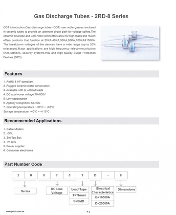 Gas Discharge Tubes - 2RD-8 Series 陶瓷氣體放電管