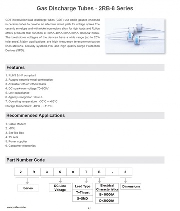 Gas Discharge Tubes - 2RB-8 Series 陶瓷氣體放電管產品圖