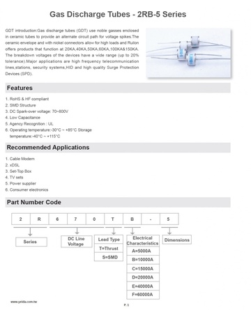 Gas Discharge Tubes - 2R-5 Series 陶瓷氣體放電管