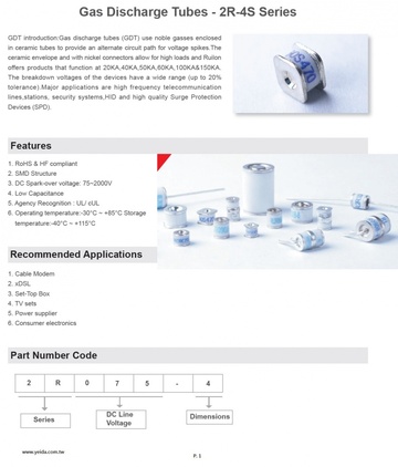 Gas Discharge Tubes - 2R-4S Series 陶瓷氣體放電管產品圖