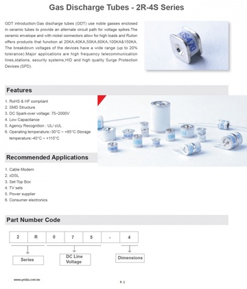 Gas Discharge Tubes - 2R-4S Series 陶瓷氣體放電管