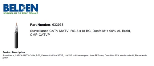 BELDEN-633938, Surveillance CATV MATV, RG-6 #18 BC, Duofoil® + 90% AL Braid, CMP-CATVP 安全監控, 第四台, 有線電視, Plenum-CMP等級, 同軸電纜產品圖