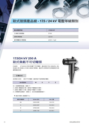 YEIDA, 24-CE250 W X Y Z, 17.5/24kV Deadbreak 250A Elbow Connector  歐式高壓電纜負載不可切彎頭產品圖