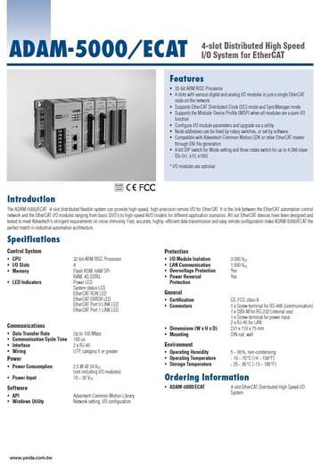 ADAM-5000/ECAT 4-slot Distributed High Speed I/O System for EtherCAT 分散式控制解決