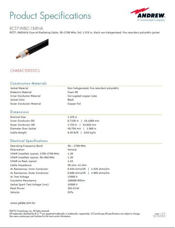 RCT7-WBC-1X-RNA 同軸輻射(洩波)電纜，50-2700兆赫，1-5/8吋，黑非鹵化，阻燃聚烯烴護套 RCT7, RADIAX® Coaxial(Leaky) Radiating Cable, 50–2700 MHz, foil, 1-5/8 in, black non-halogenated, fire retardant polyolefin jacket產品圖