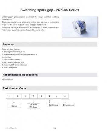 Switching spark gap - 2RK-8S Series 過壓保護元件 - HID開關放電管產品圖