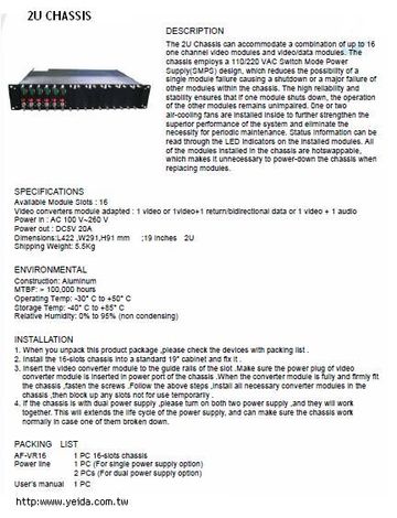 16-slots, 19 Inches 2U video/data converter modules CHASSIS 視頻/數據模塊光電轉換器專用機匣產品圖