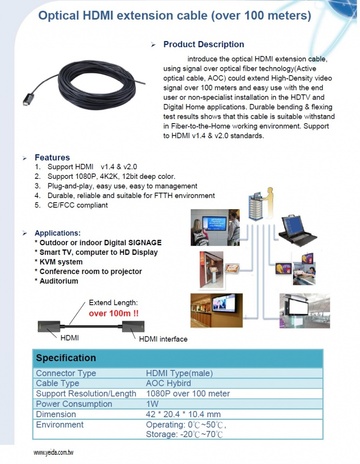 Optical HDMI extension cable (over 100 meters) HDMI 光纜延長線產品圖