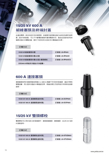 15kV and 25kV Class Cable deadbreak accessories and replacement parts. 15/25 kV 600 A 高壓電纜絕緣塞頭及終端封蓋產品圖