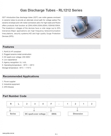 Gas Discharge Tubes - RL1212 Series 陶瓷氣體放電管產品圖